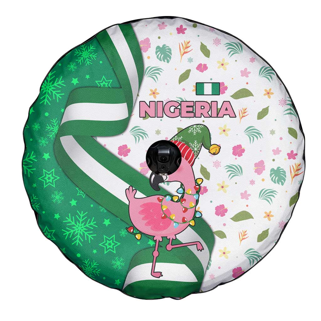 Nigeria Christmas Spare Tire Cover with Pink Flamingo Tropical Leaves and Festive Lights Design - Wonder Print Shop