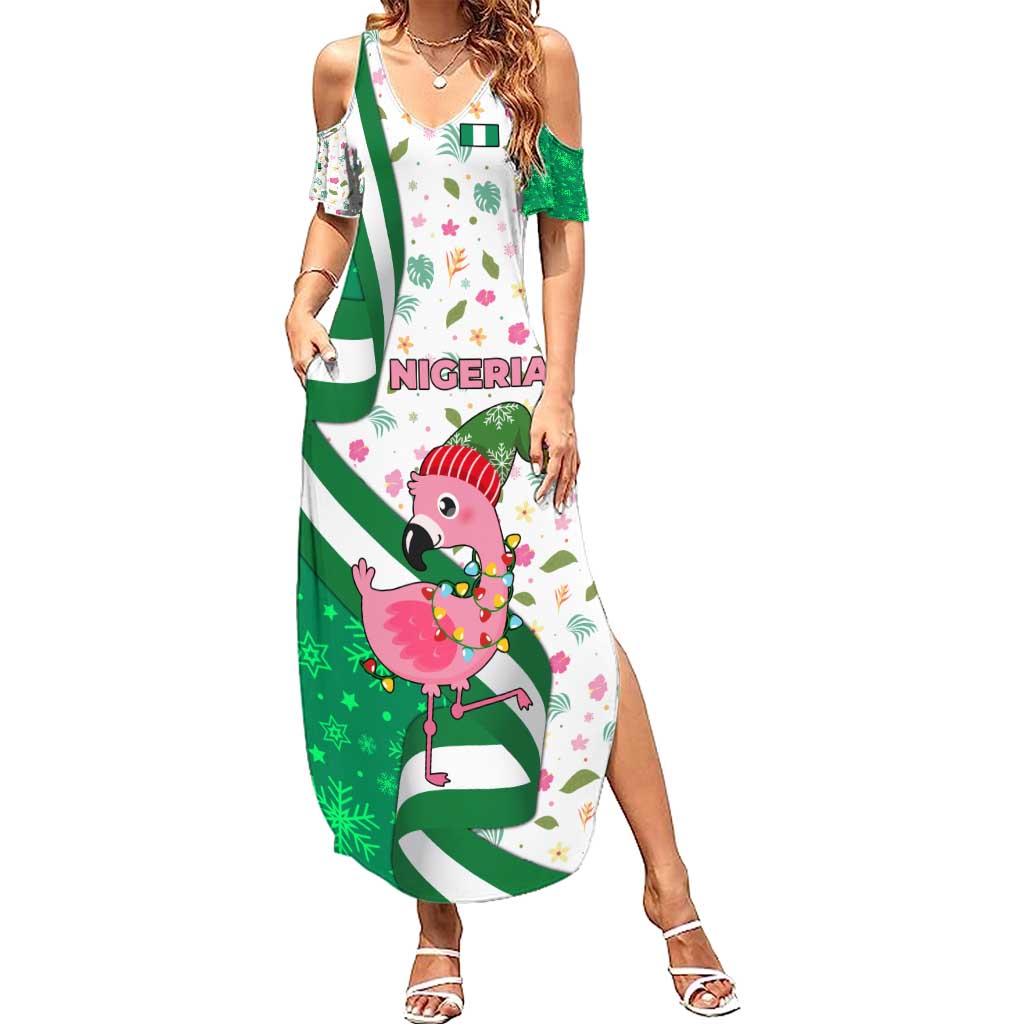 Nigeria Christmas Summer Maxi Dress with Pink Flamingo Tropical Leaves and Festive Lights Design - Wonder Print Shop