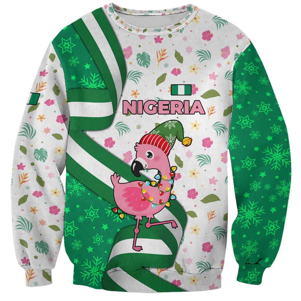Nigeria Christmas Sweatshirt with Pink Flamingo Tropical Leaves and Festive Lights Design - Wonder Print Shop