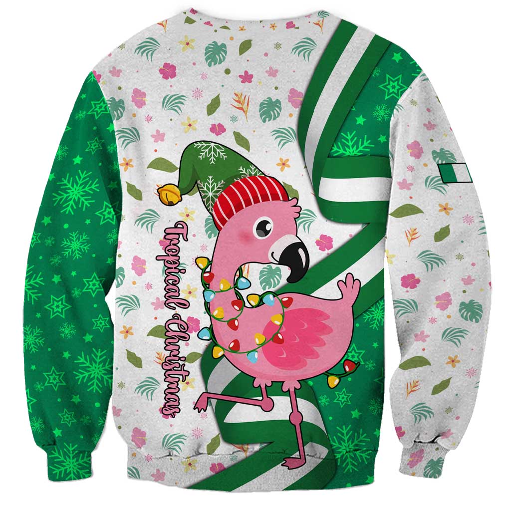 Nigeria Christmas Sweatshirt with Pink Flamingo Tropical Leaves and Festive Lights Design - Wonder Print Shop