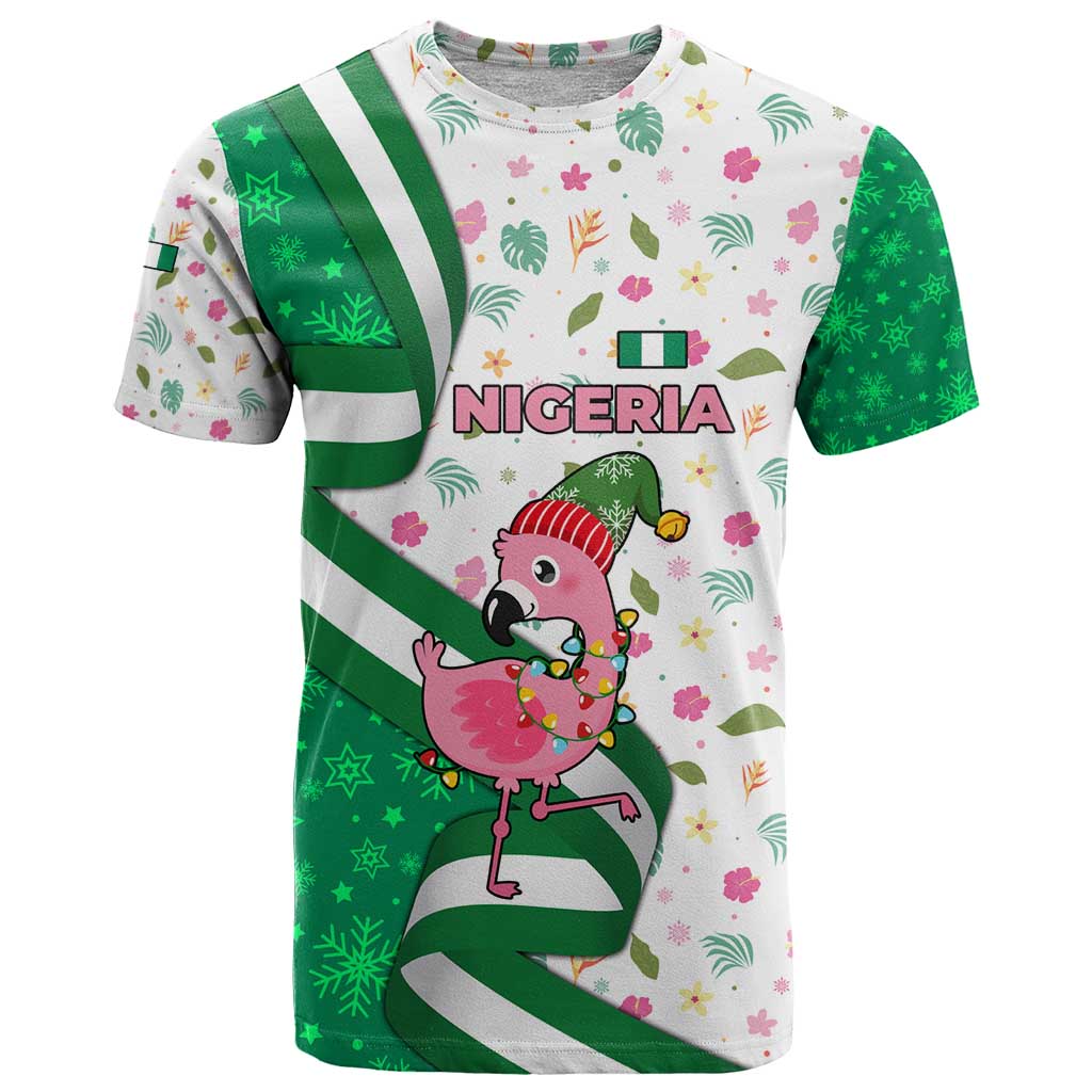 Nigeria Christmas T Shirt with Pink Flamingo Tropical Leaves and Festive Lights Design - Wonder Print Shop