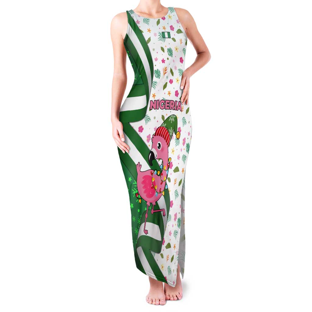 Nigeria Christmas Tank Maxi Dress with Pink Flamingo Tropical Leaves and Festive Lights Design - Wonder Print Shop