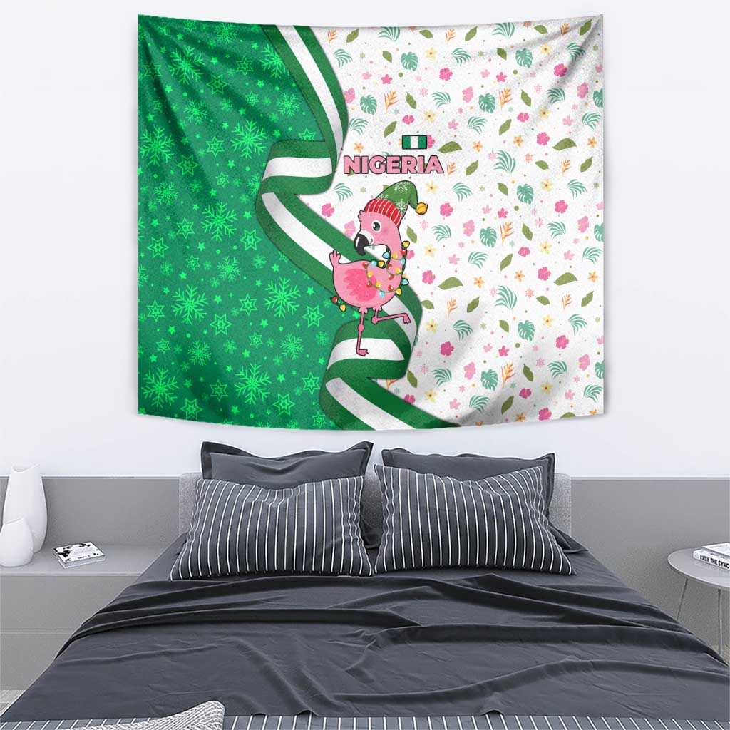 Nigeria Christmas Tapestry with Pink Flamingo Tropical Leaves and Festive Lights Design - Wonder Print Shop