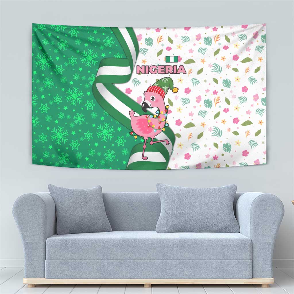 Nigeria Christmas Tapestry with Pink Flamingo Tropical Leaves and Festive Lights Design - Wonder Print Shop