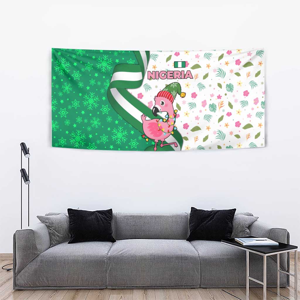 Nigeria Christmas Tapestry with Pink Flamingo Tropical Leaves and Festive Lights Design - Wonder Print Shop