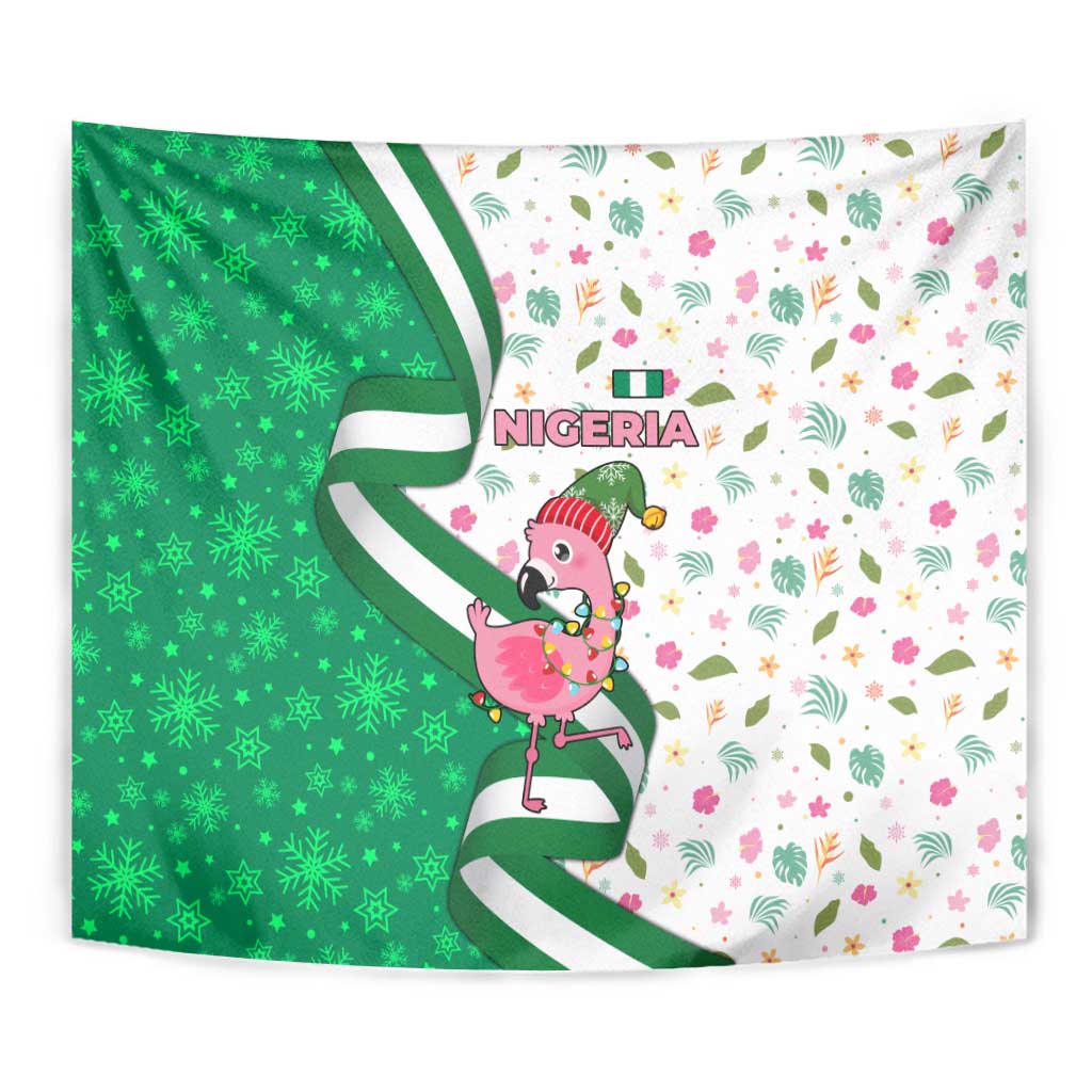 Nigeria Christmas Tapestry with Pink Flamingo Tropical Leaves and Festive Lights Design - Wonder Print Shop