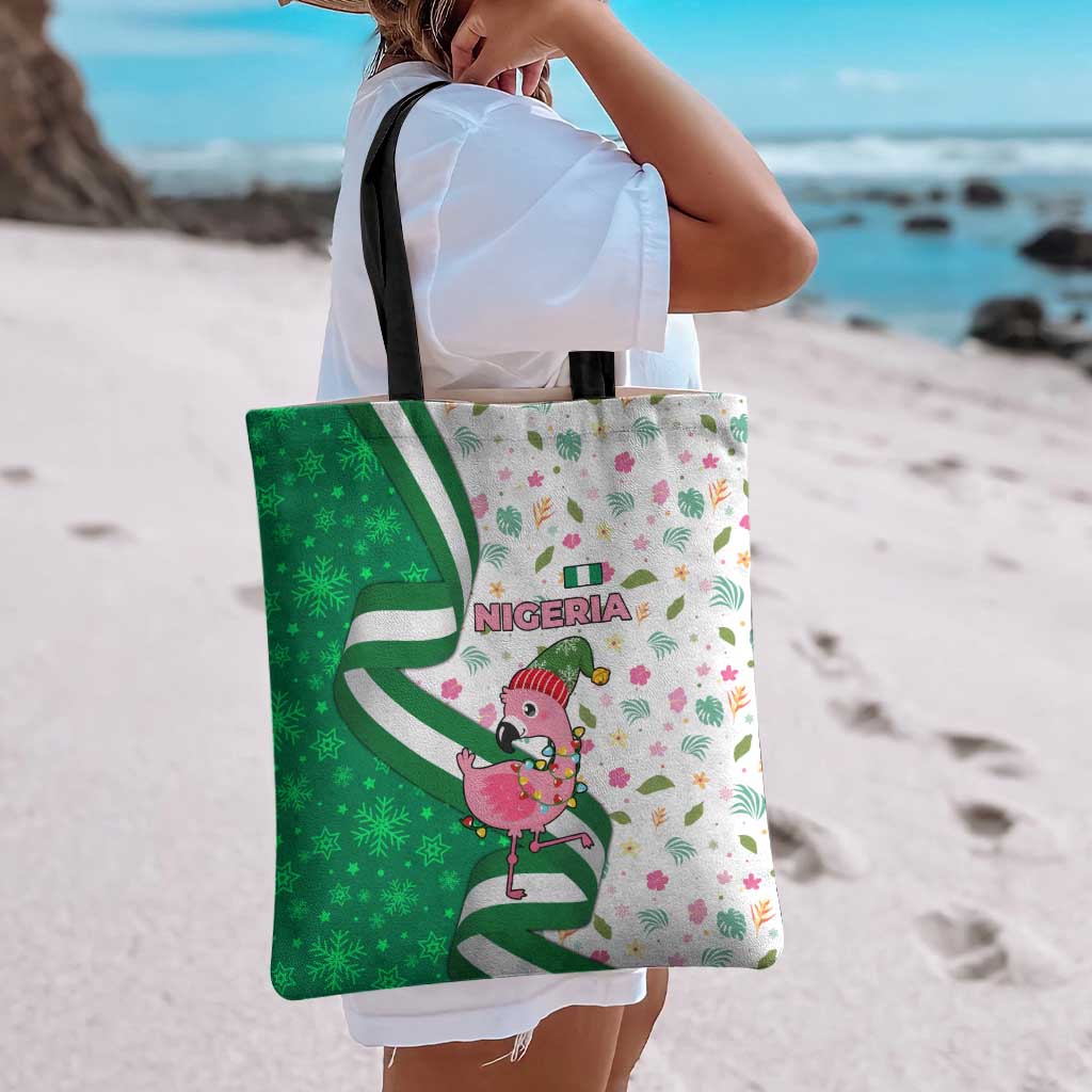 Nigeria Christmas Tote Bag with Pink Flamingo Tropical Leaves and Festive Lights Design - Wonder Print Shop