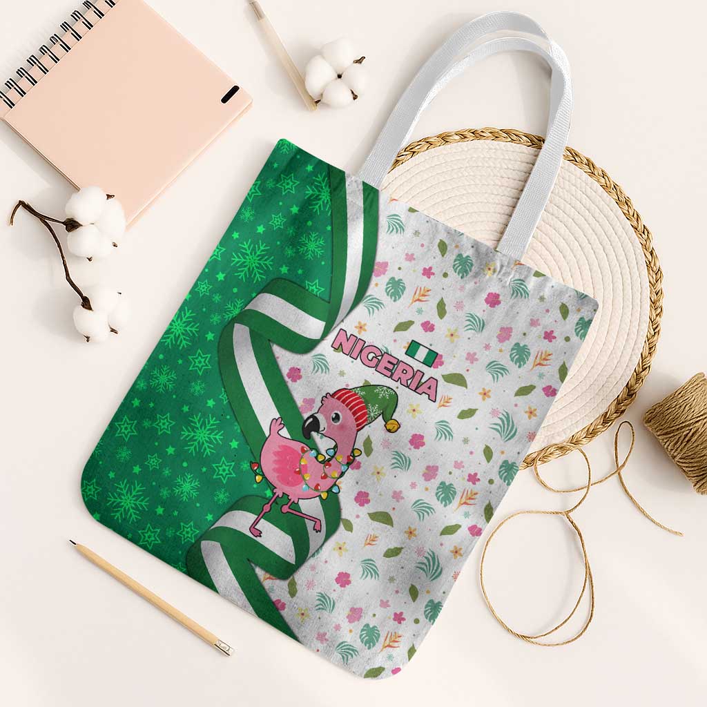 Nigeria Christmas Tote Bag with Pink Flamingo Tropical Leaves and Festive Lights Design - Wonder Print Shop