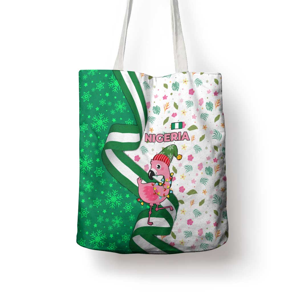 Nigeria Christmas Tote Bag with Pink Flamingo Tropical Leaves and Festive Lights Design - Wonder Print Shop