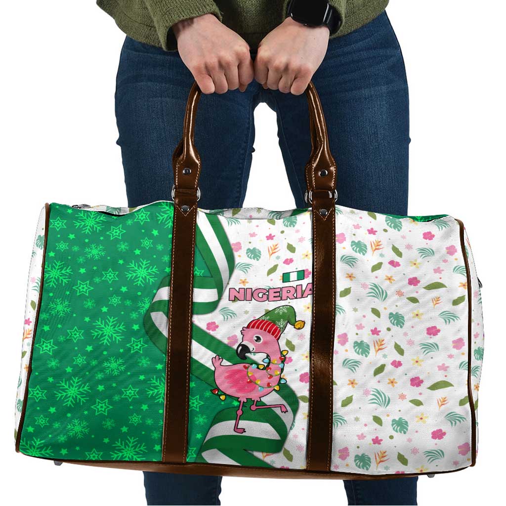 Nigeria Christmas Travel Bag with Pink Flamingo Tropical Leaves and Festive Lights Design - Wonder Print Shop