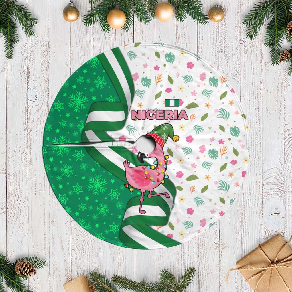Nigeria Christmas Tree Skirt with Pink Flamingo Tropical Leaves and Festive Lights Design - Wonder Print Shop