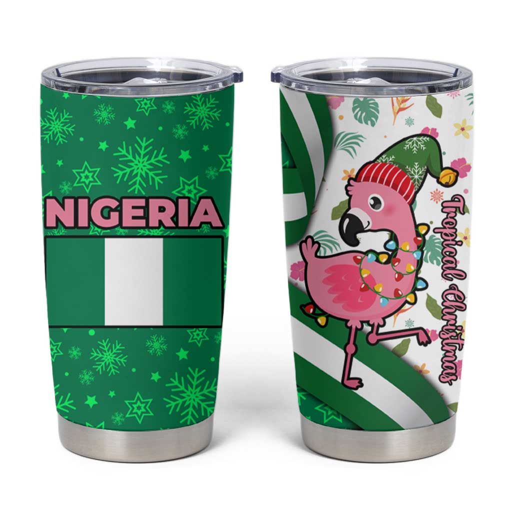 Nigeria Christmas Tumbler Cup with Pink Flamingo Tropical Leaves and Festive Lights Design - Wonder Print Shop