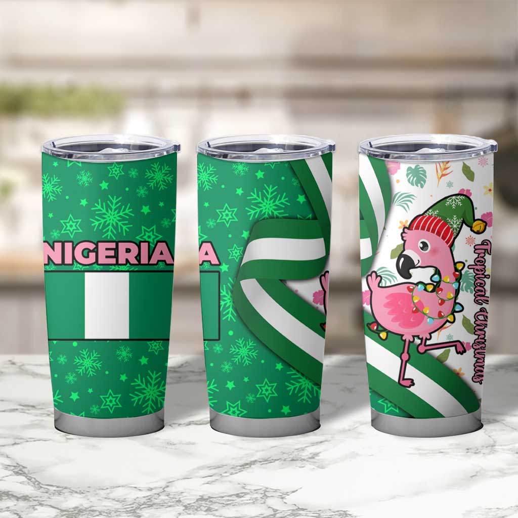 Nigeria Christmas Tumbler Cup with Pink Flamingo Tropical Leaves and Festive Lights Design - Wonder Print Shop