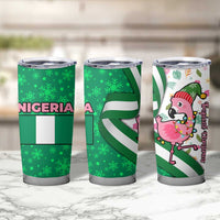 Nigeria Christmas Tumbler Cup with Pink Flamingo Tropical Leaves and Festive Lights Design - Wonder Print Shop