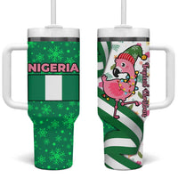 Nigeria Christmas Tumbler With Handle with Pink Flamingo Tropical Leaves and Festive Lights Design - Wonder Print Shop
