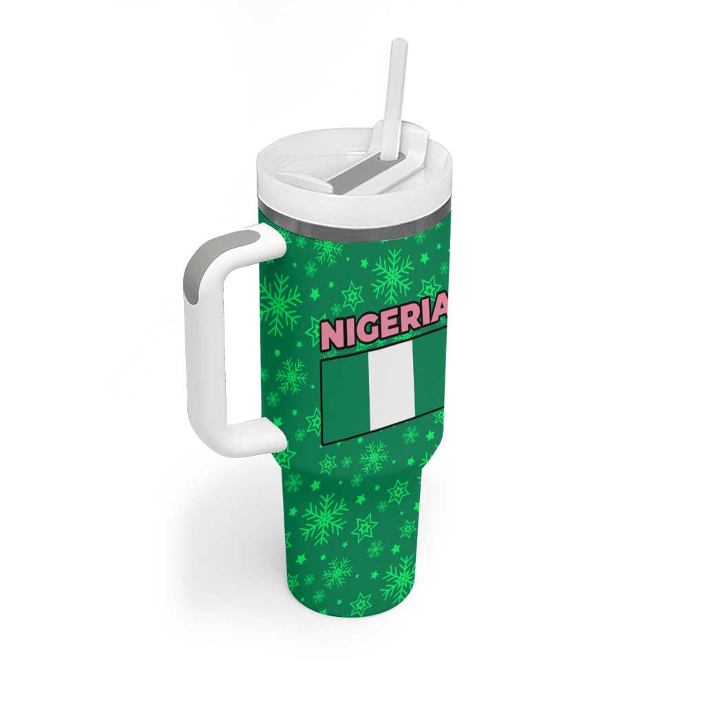 Nigeria Christmas Tumbler With Handle with Pink Flamingo Tropical Leaves and Festive Lights Design - Wonder Print Shop