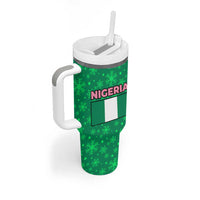 Nigeria Christmas Tumbler With Handle with Pink Flamingo Tropical Leaves and Festive Lights Design - Wonder Print Shop