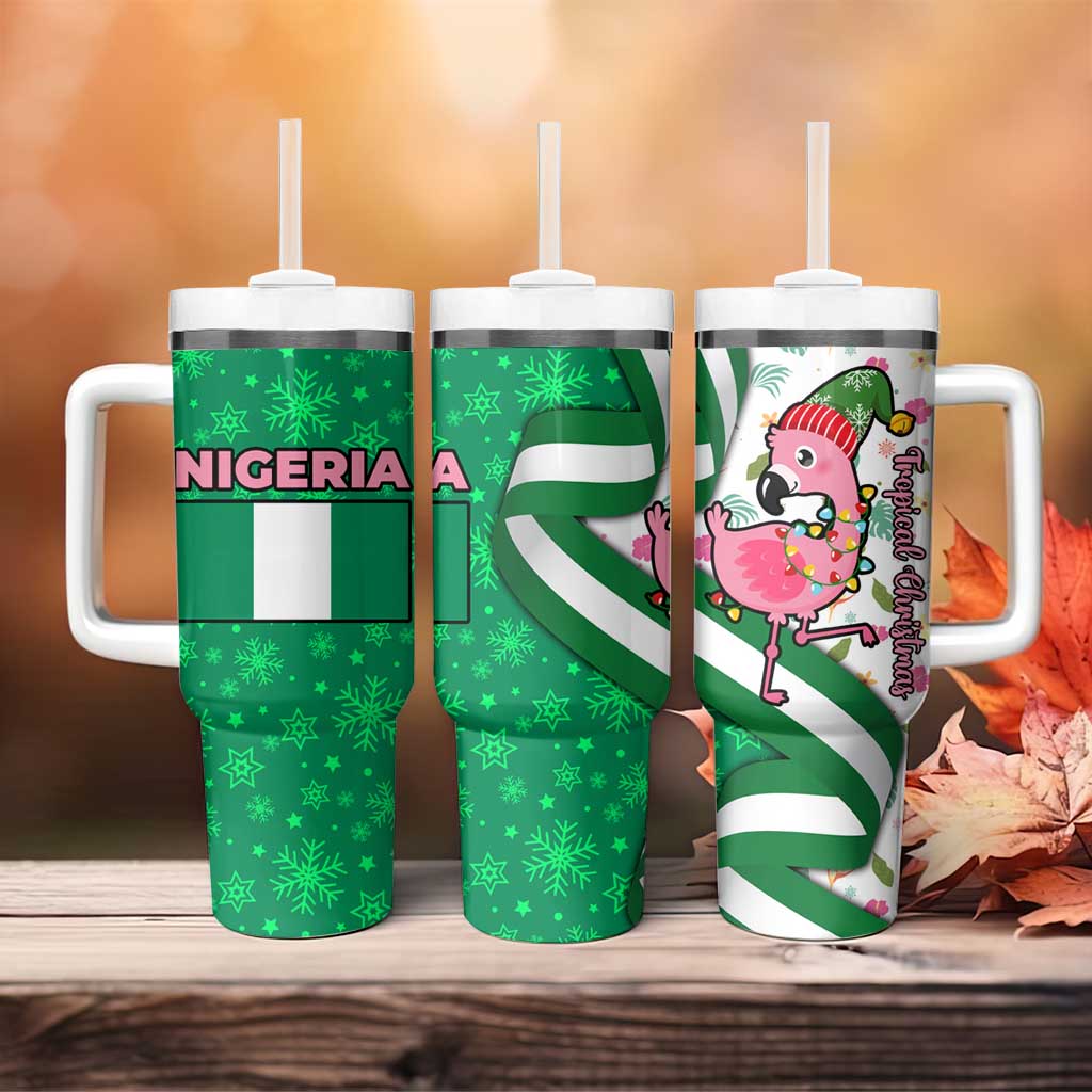 Nigeria Christmas Tumbler With Handle with Pink Flamingo Tropical Leaves and Festive Lights Design - Wonder Print Shop