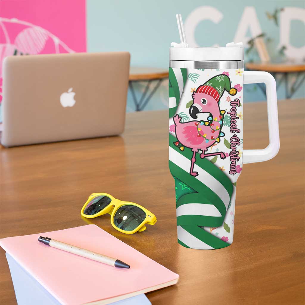 Nigeria Christmas Tumbler With Handle with Pink Flamingo Tropical Leaves and Festive Lights Design - Wonder Print Shop