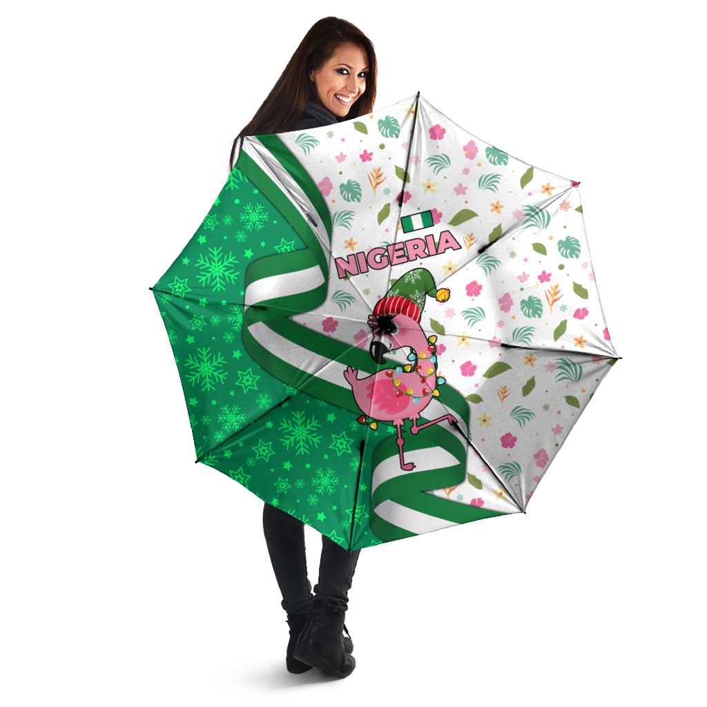 Nigeria Christmas Umbrella with Pink Flamingo Tropical Leaves and Festive Lights Design - Wonder Print Shop