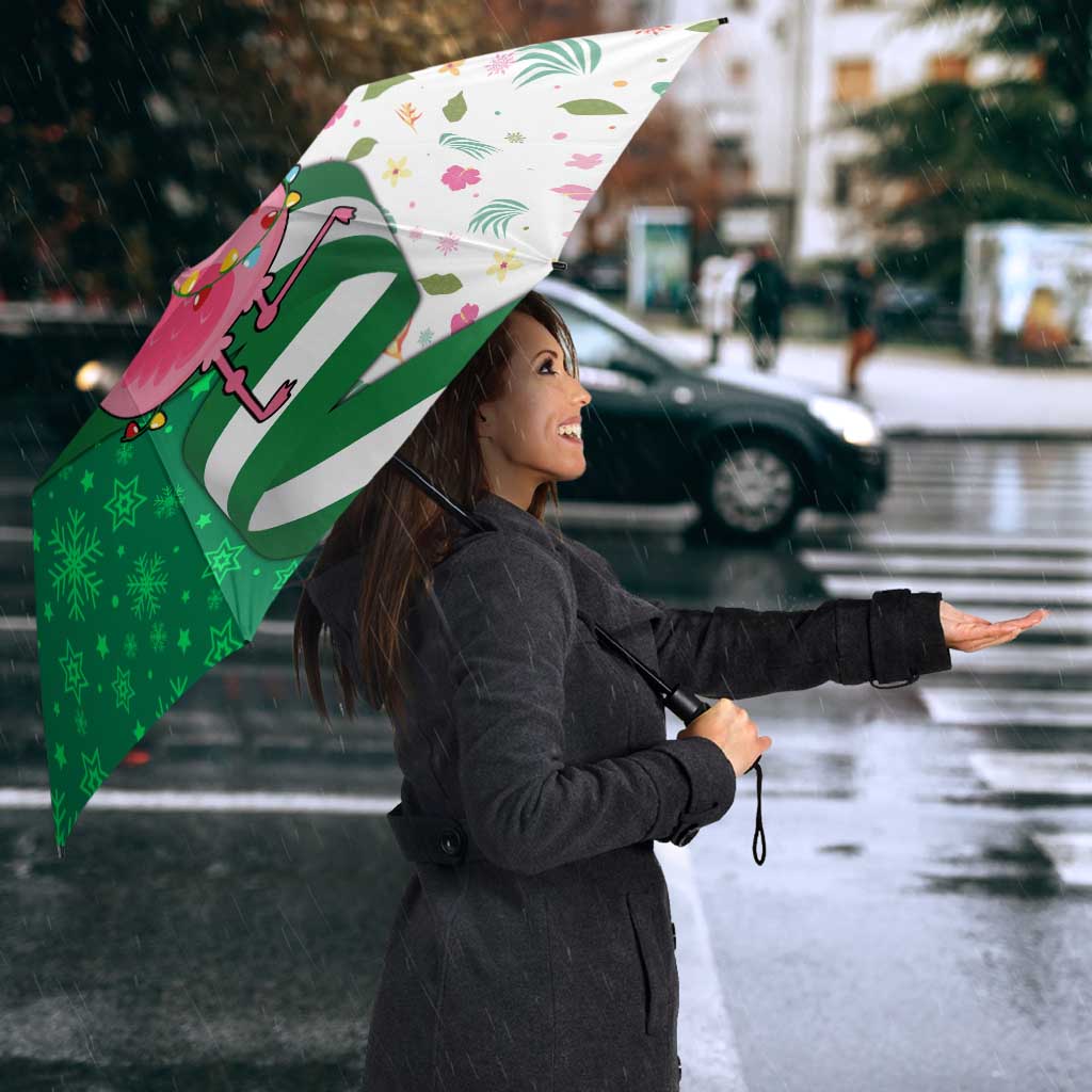 Nigeria Christmas Umbrella with Pink Flamingo Tropical Leaves and Festive Lights Design - Wonder Print Shop