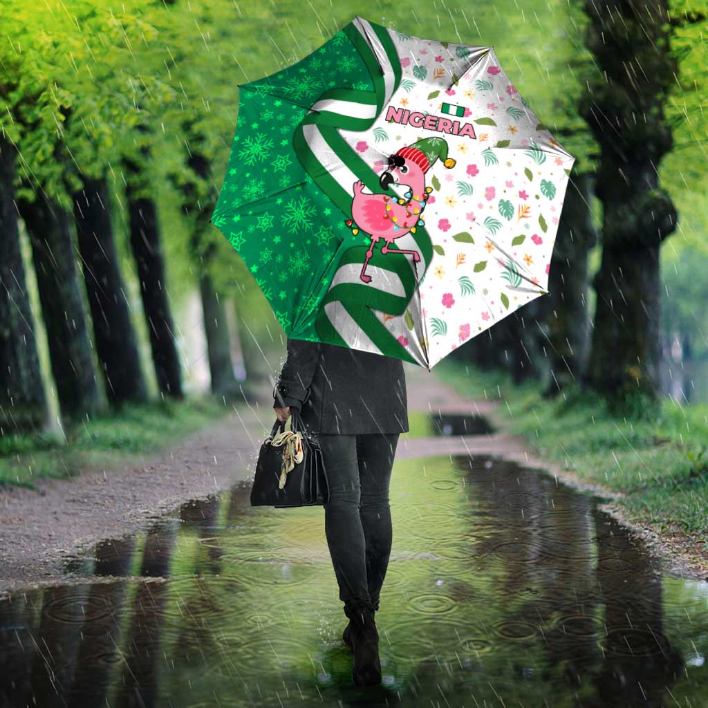 Nigeria Christmas Umbrella with Pink Flamingo Tropical Leaves and Festive Lights Design - Wonder Print Shop