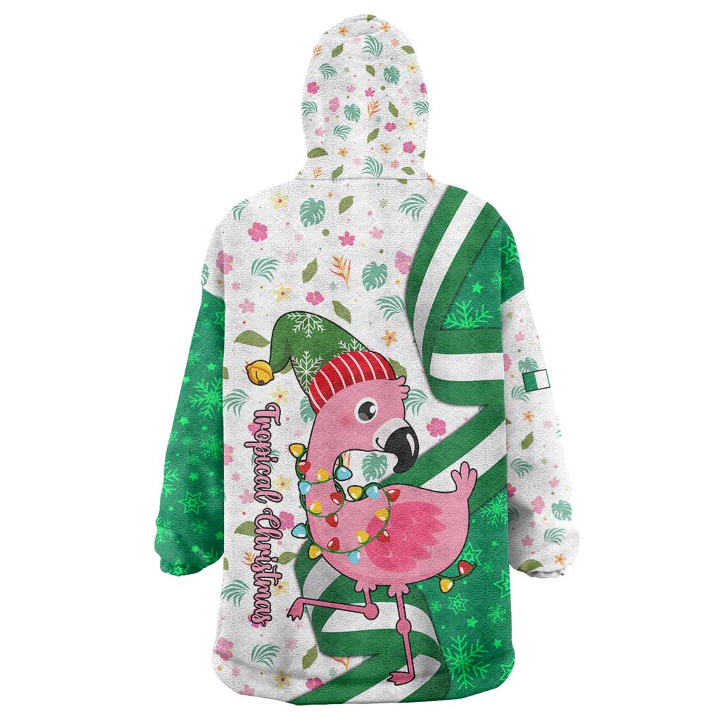 Nigeria Christmas Wearable Blanket Hoodie with Pink Flamingo Tropical Leaves and Festive Lights Design - Wonder Print Shop