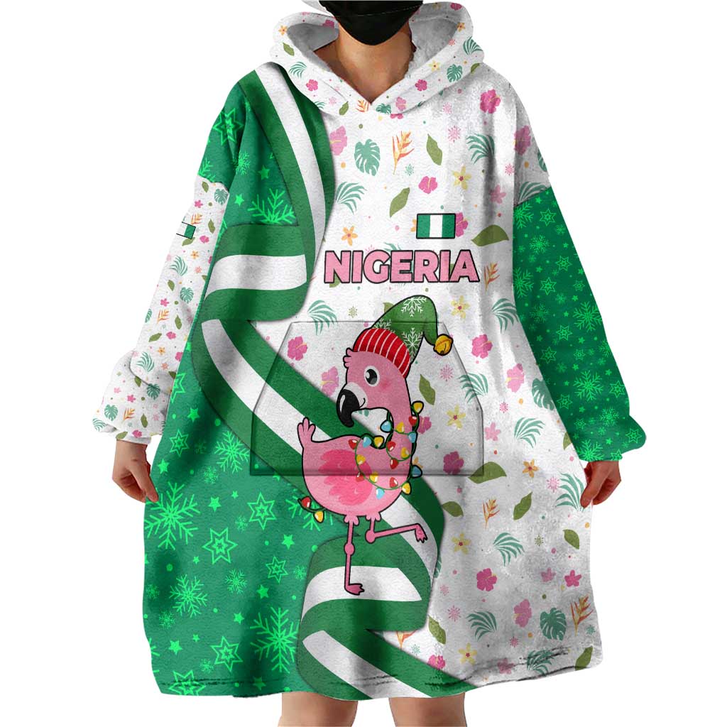 Nigeria Christmas Wearable Blanket Hoodie with Pink Flamingo Tropical Leaves and Festive Lights Design - Wonder Print Shop