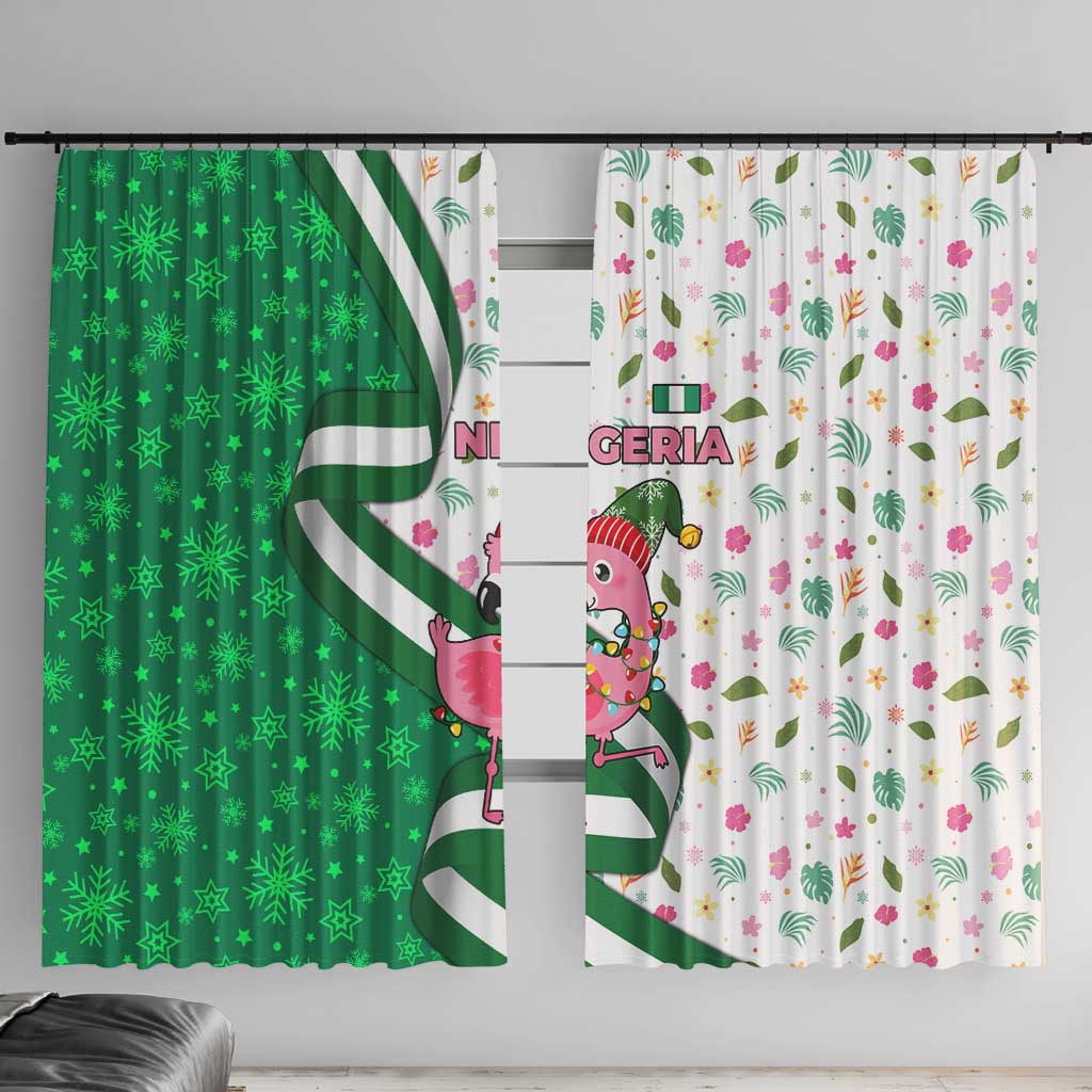 Nigeria Christmas Window Curtain with Pink Flamingo Tropical Leaves and Festive Lights Design - Wonder Print Shop