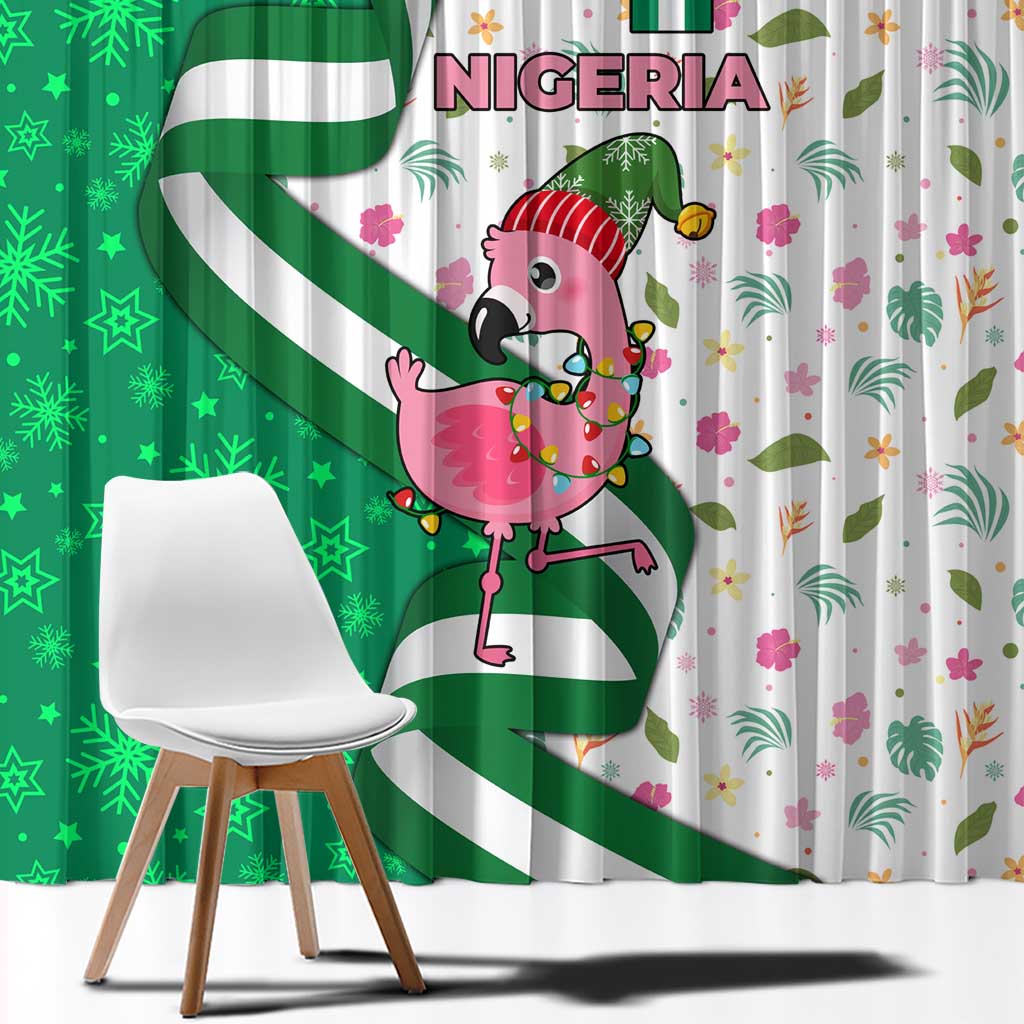 Nigeria Christmas Window Curtain with Pink Flamingo Tropical Leaves and Festive Lights Design - Wonder Print Shop