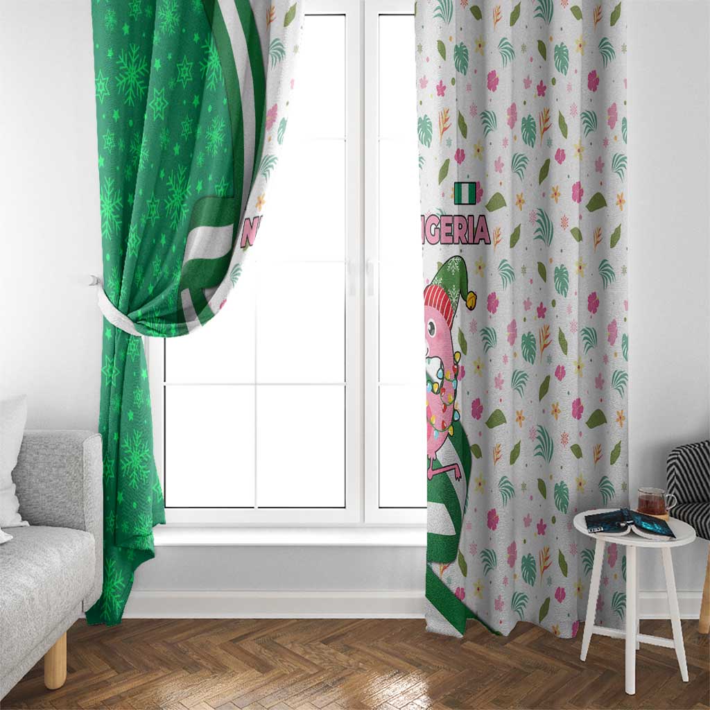 Nigeria Christmas Window Curtain with Pink Flamingo Tropical Leaves and Festive Lights Design - Wonder Print Shop