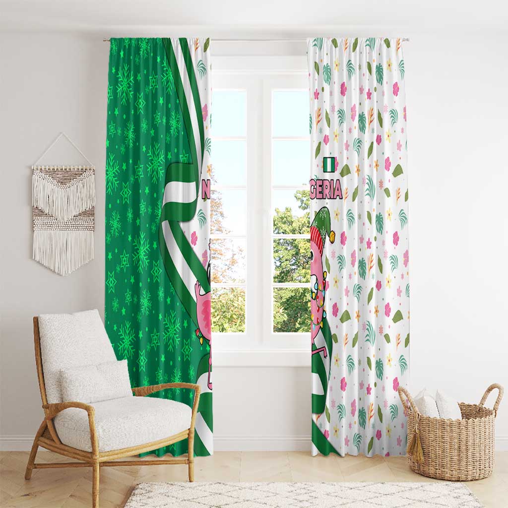 Nigeria Christmas Window Curtain with Pink Flamingo Tropical Leaves and Festive Lights Design - Wonder Print Shop