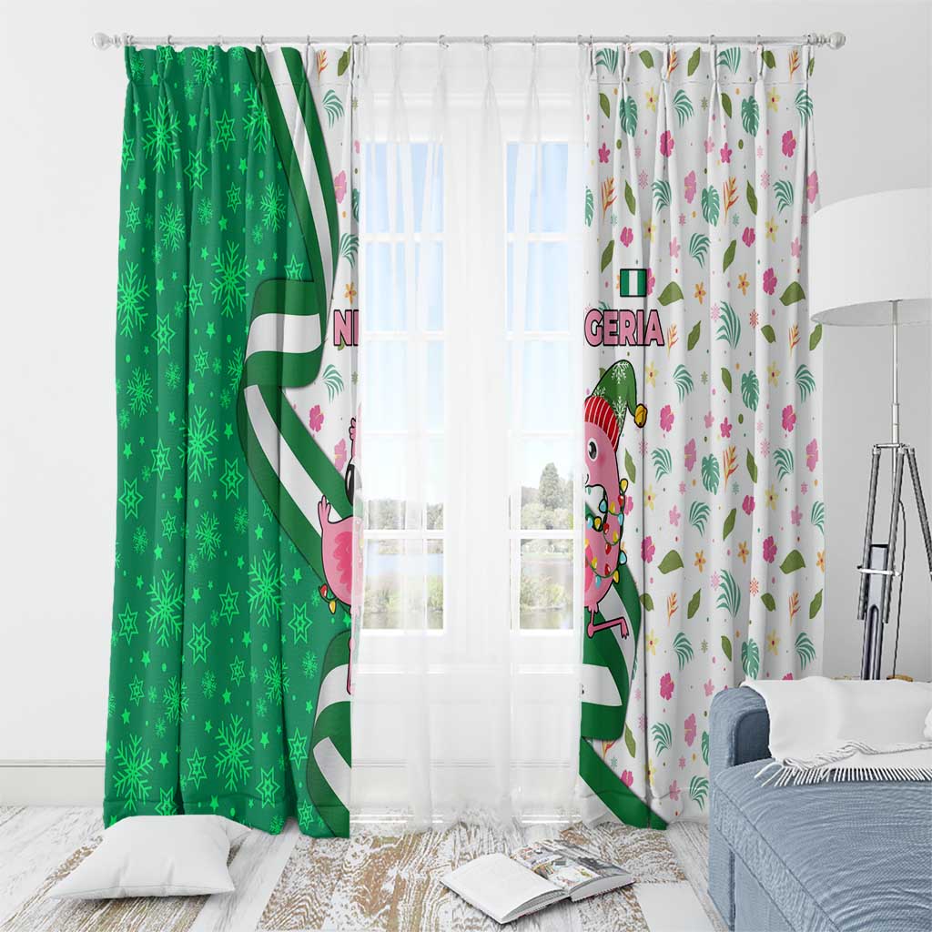 Nigeria Christmas Window Curtain with Pink Flamingo Tropical Leaves and Festive Lights Design - Wonder Print Shop