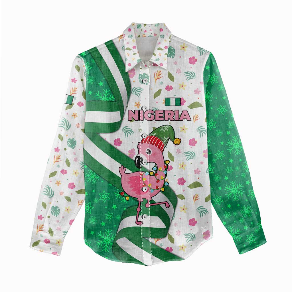 Nigeria Christmas Women Casual Shirt with Pink Flamingo Tropical Leaves and Festive Lights Design - Wonder Print Shop