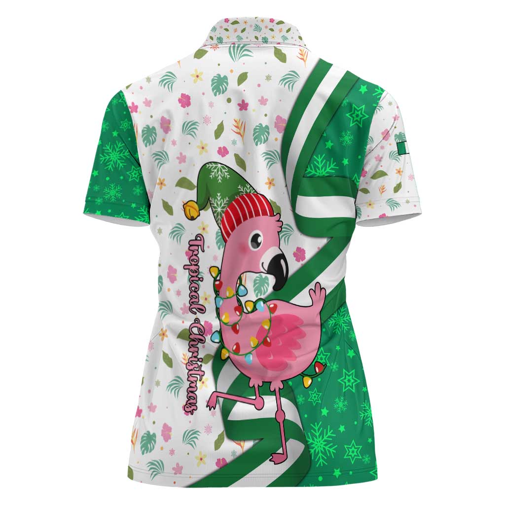 Nigeria Christmas Women Polo Shirt with Pink Flamingo Tropical Leaves and Festive Lights Design - Wonder Print Shop