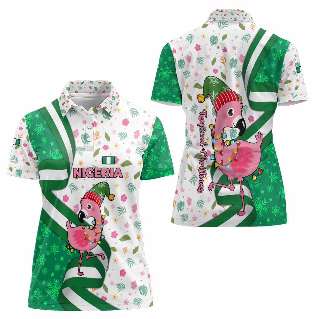 Nigeria Christmas Women Polo Shirt with Pink Flamingo Tropical Leaves and Festive Lights Design - Wonder Print Shop