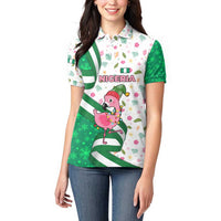 Nigeria Christmas Women Polo Shirt with Pink Flamingo Tropical Leaves and Festive Lights Design - Wonder Print Shop