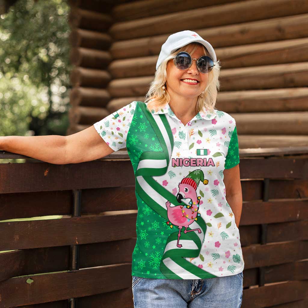 Nigeria Christmas Women Polo Shirt with Pink Flamingo Tropical Leaves and Festive Lights Design - Wonder Print Shop