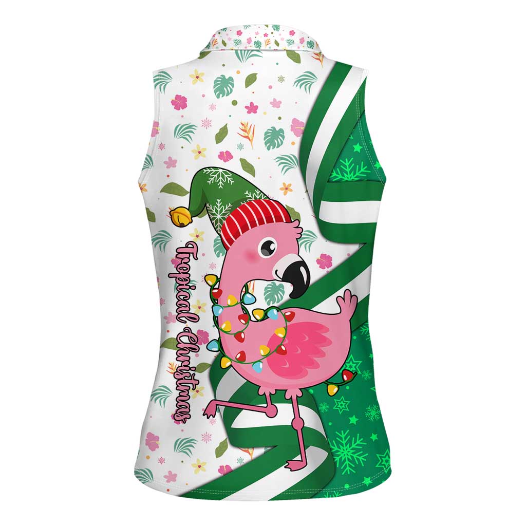Nigeria Christmas Women Sleeveless Polo Shirt with Pink Flamingo Tropical Leaves and Festive Lights Design - Wonder Print Shop