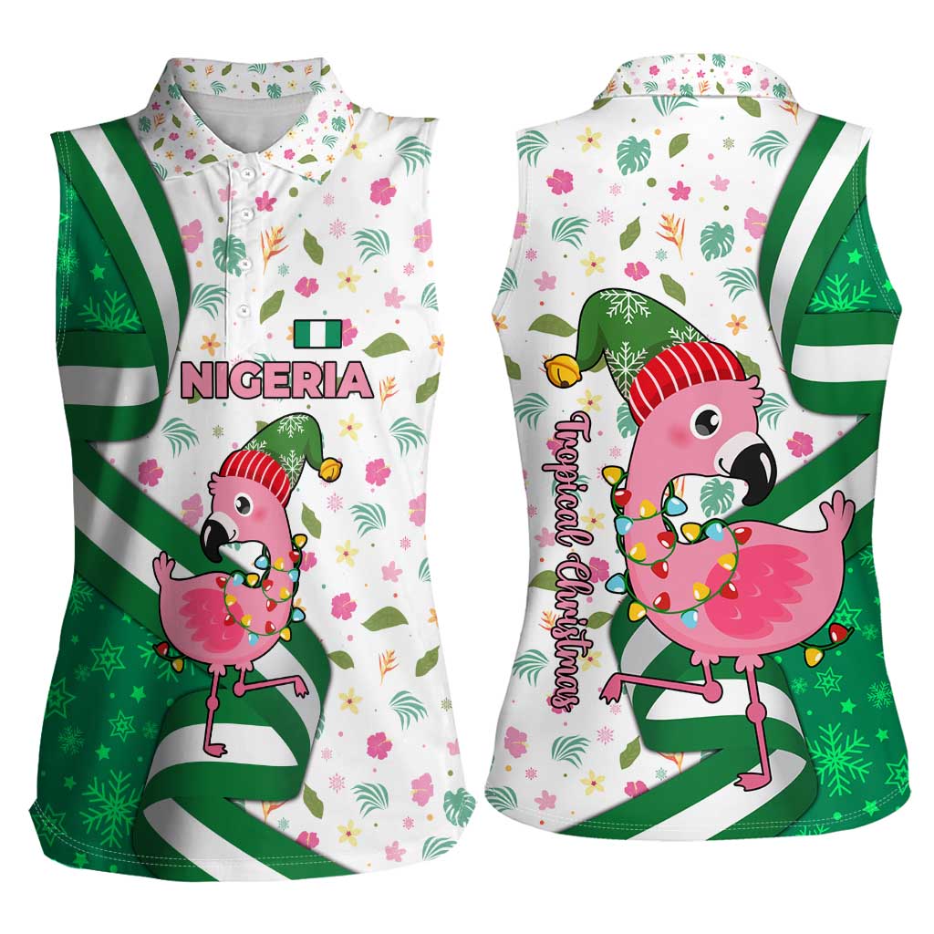 Nigeria Christmas Women Sleeveless Polo Shirt with Pink Flamingo Tropical Leaves and Festive Lights Design - Wonder Print Shop