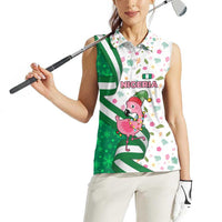 Nigeria Christmas Women Sleeveless Polo Shirt with Pink Flamingo Tropical Leaves and Festive Lights Design - Wonder Print Shop