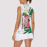 Nigeria Christmas Women Sleeveless Polo Shirt with Pink Flamingo Tropical Leaves and Festive Lights Design - Wonder Print Shop