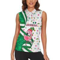 Nigeria Christmas Women Sleeveless Polo Shirt with Pink Flamingo Tropical Leaves and Festive Lights Design - Wonder Print Shop