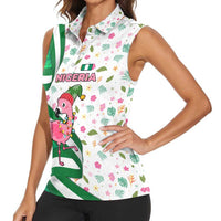 Nigeria Christmas Women Sleeveless Polo Shirt with Pink Flamingo Tropical Leaves and Festive Lights Design - Wonder Print Shop