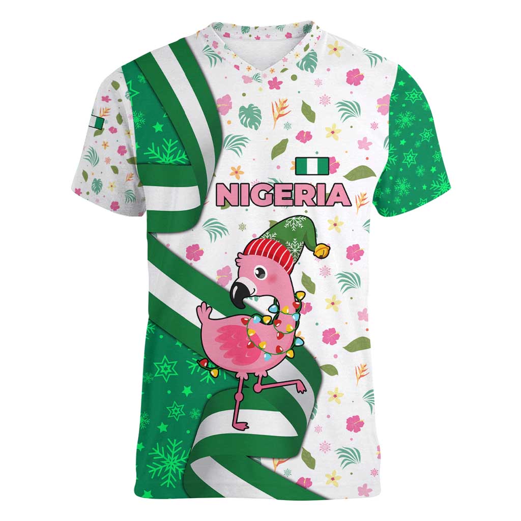 Nigeria Christmas Women V-Neck T-Shirt with Pink Flamingo Tropical Leaves and Festive Lights Design - Wonder Print Shop