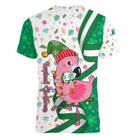 Nigeria Christmas Women V-Neck T-Shirt with Pink Flamingo Tropical Leaves and Festive Lights Design - Wonder Print Shop