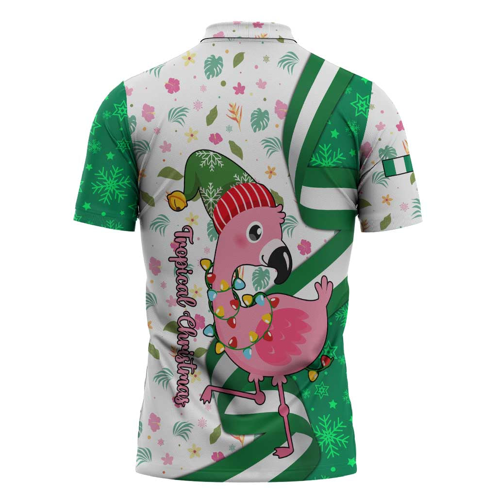 Nigeria Christmas Zipper Polo Shirt with Pink Flamingo Tropical Leaves and Festive Lights Design - Wonder Print Shop
