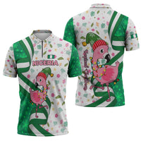 Nigeria Christmas Zipper Polo Shirt with Pink Flamingo Tropical Leaves and Festive Lights Design - Wonder Print Shop