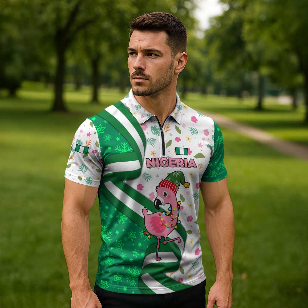 Nigeria Christmas Zipper Polo Shirt with Pink Flamingo Tropical Leaves and Festive Lights Design - Wonder Print Shop