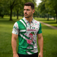 Nigeria Christmas Zipper Polo Shirt with Pink Flamingo Tropical Leaves and Festive Lights Design - Wonder Print Shop